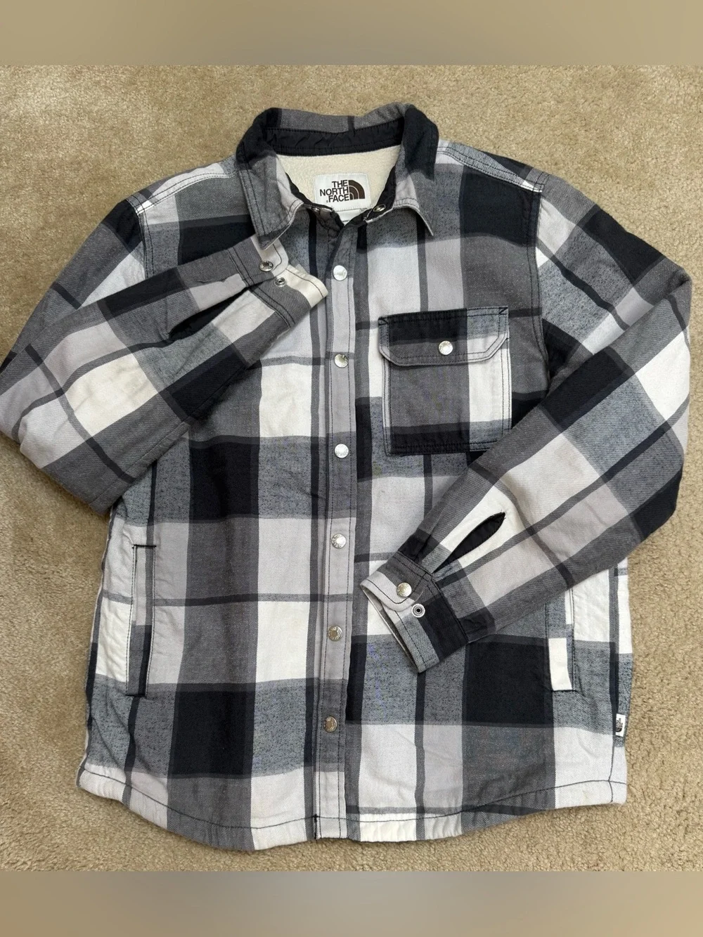 The North Face Men's Sz M Gray & Cream Plaid Snap-Up Shirt